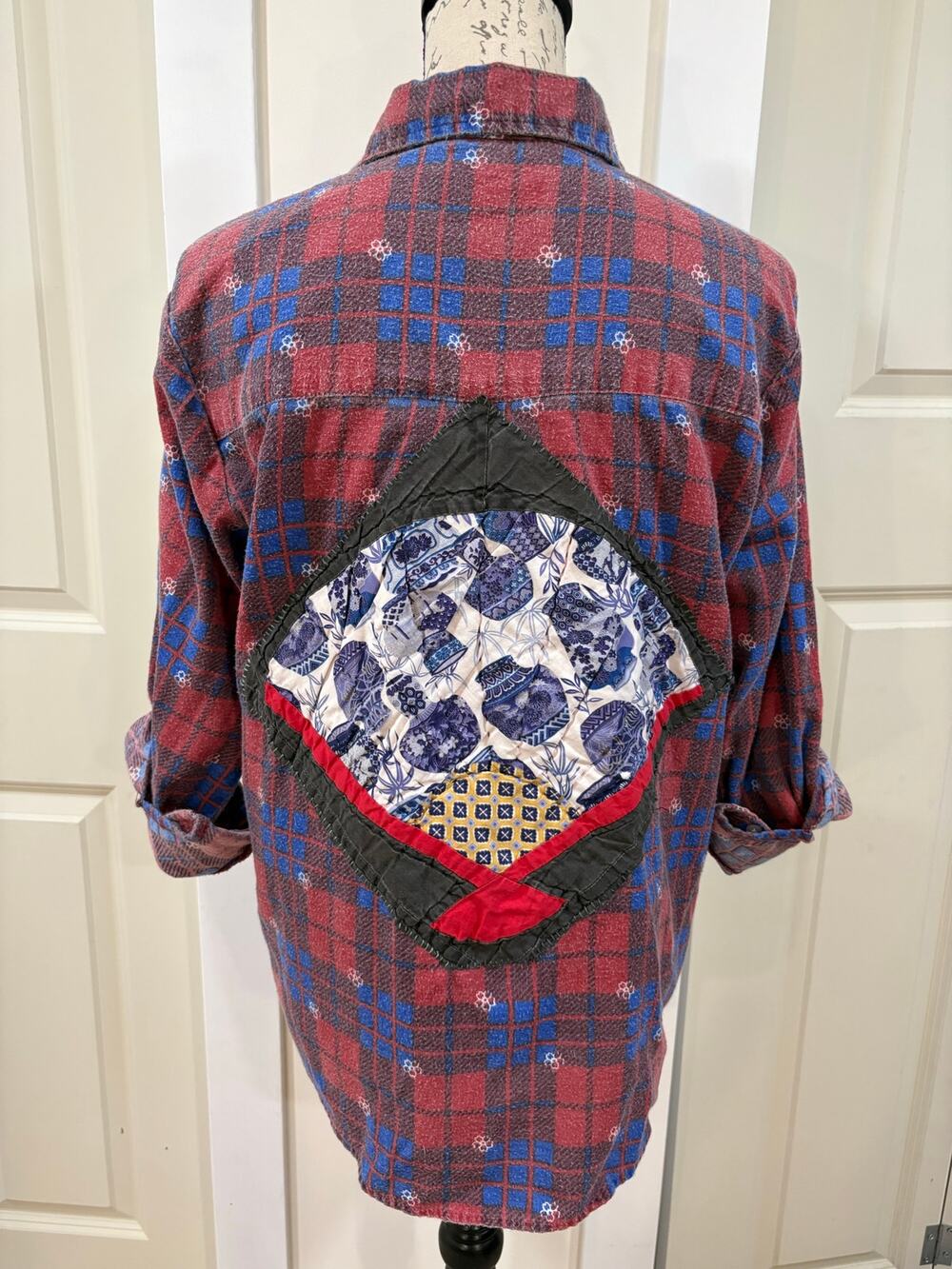 Grunge X Cottage VTG Flannel Asian Fan Quilt Square Shirt Size Medium